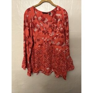 Halston 20W Orange Red Floral Print V Neck Double Layer Blouse